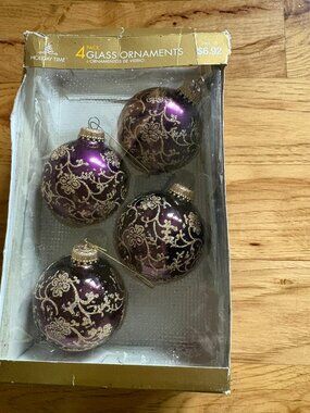 Holiday Time 4 pack of glass ornaments, purple with gold swirls and wire hangers